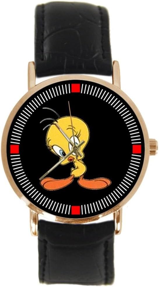 Ren Zheng Tweety Looney Tunes Custom Leather Sports Men and Women Fashion Gold Watch Neutral, gold