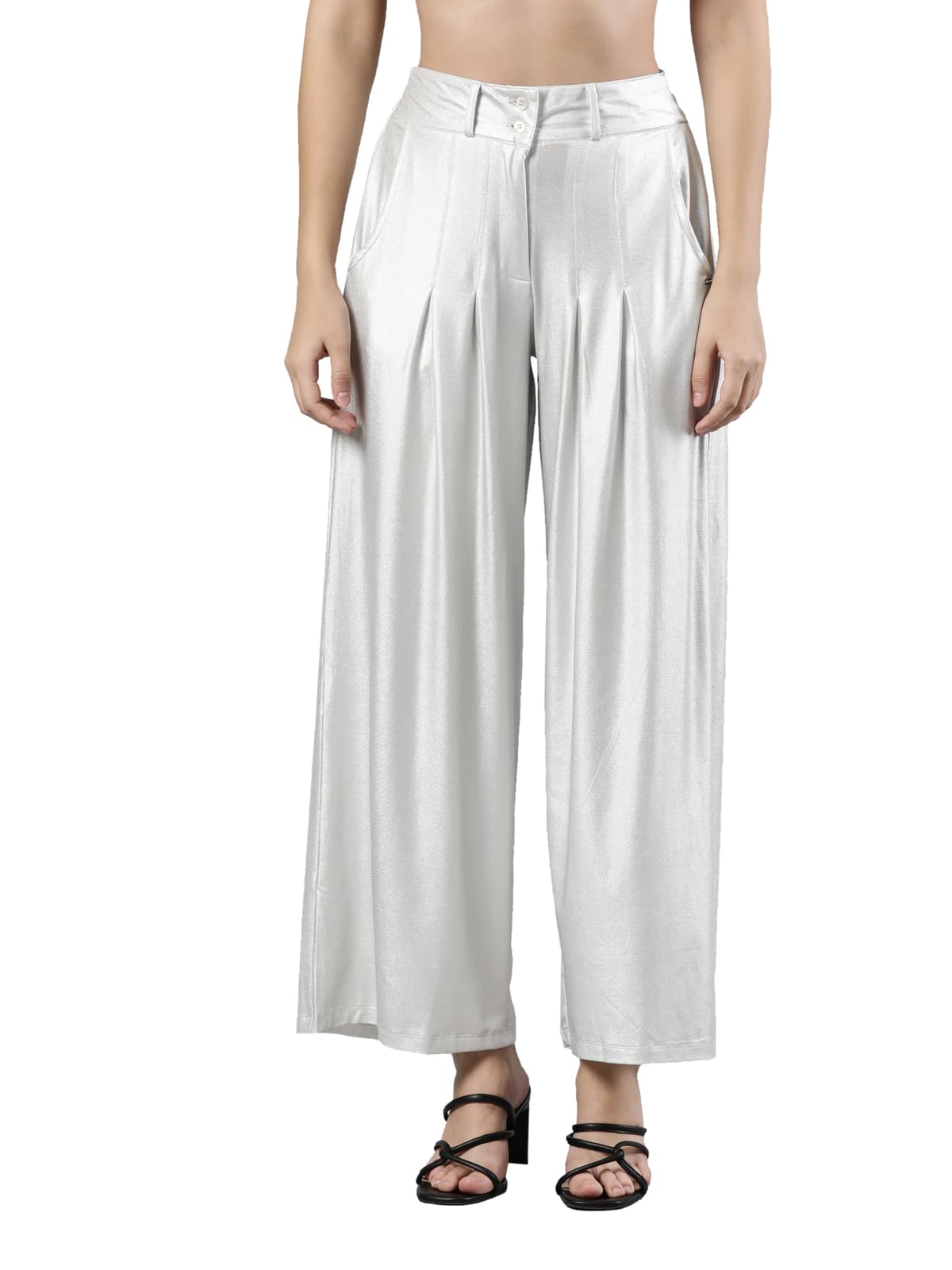 femmora Comfotable Fit Flared Leg Shimmer Pleated Palazzo, Soft and Breathable Polyester Fabric with Buttoned Zip Closure and 2 Side Pockets, for Women,Pack of 1-picture-42