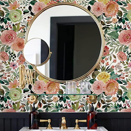 Jiffdiff 393.7" X 17.7" Floral Peel And Stick Wallpaper Floral Wallpaper For Bedroom Living Room Kitchen Cabinets Furniture Multicolor Camellia On Background Decorative, Covering 48.4 Sq.ft #TOP7