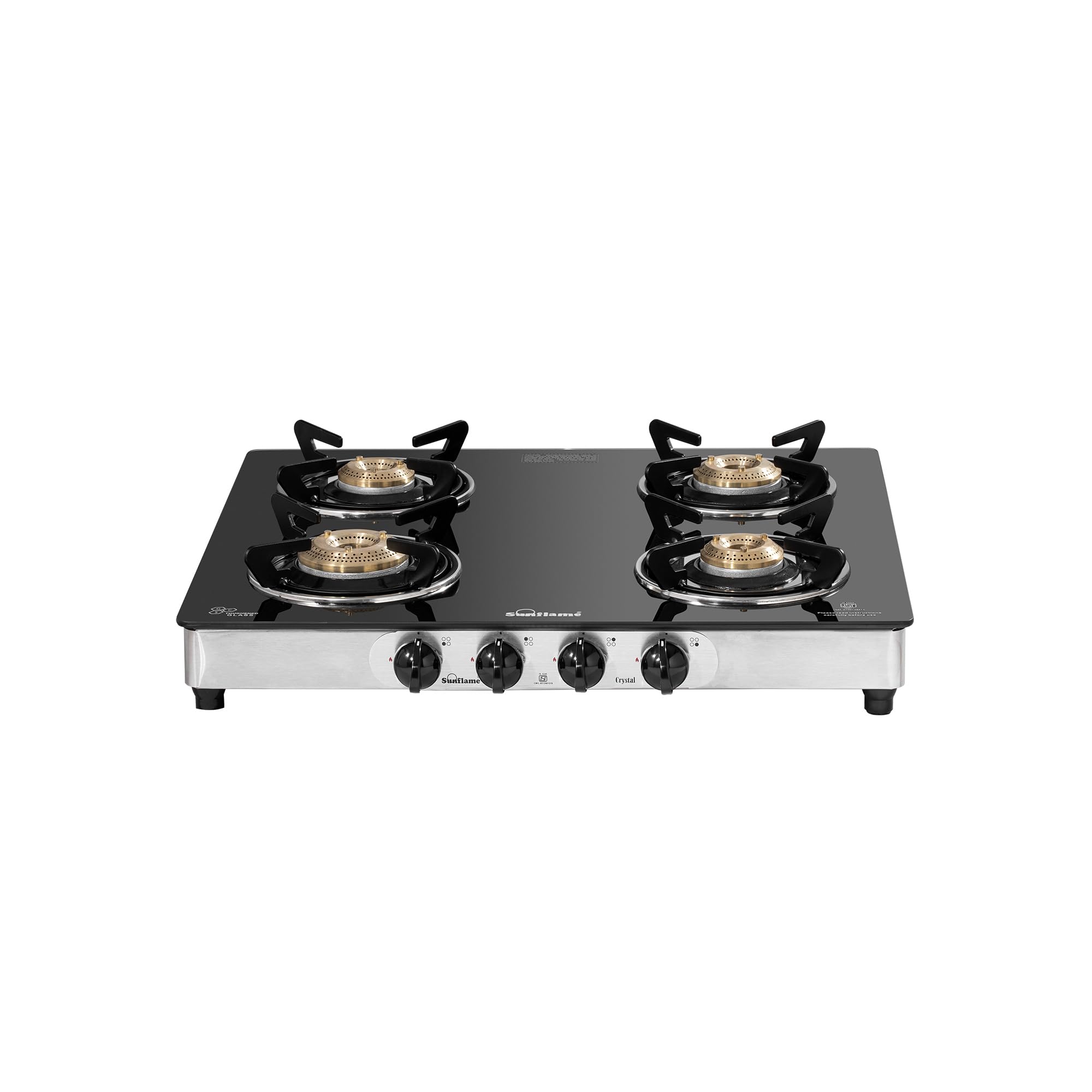 Crystal 4 Burner Gas Stove | 1 Jumbo, 1 Medium and 2 Small Brass Burners | 2 Year Product Coverage by Sunflame | Manual Ignition | Heat Resistant Knobs | PAN India Presence | Silver