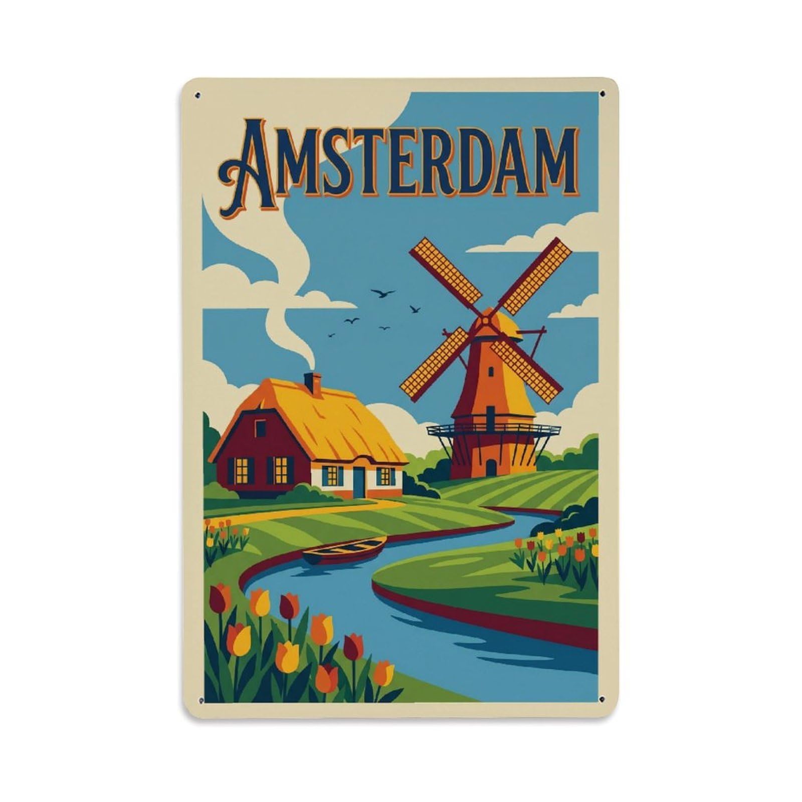 Okngb Style Amsterdam Rural Farmhouse Garden Vintage Country Travel Metal Tin Sign Plaque Wall Decor For Cafe, Man Cave, Club Bar, Office, Home Garden Round Metal Poster 8X12inch