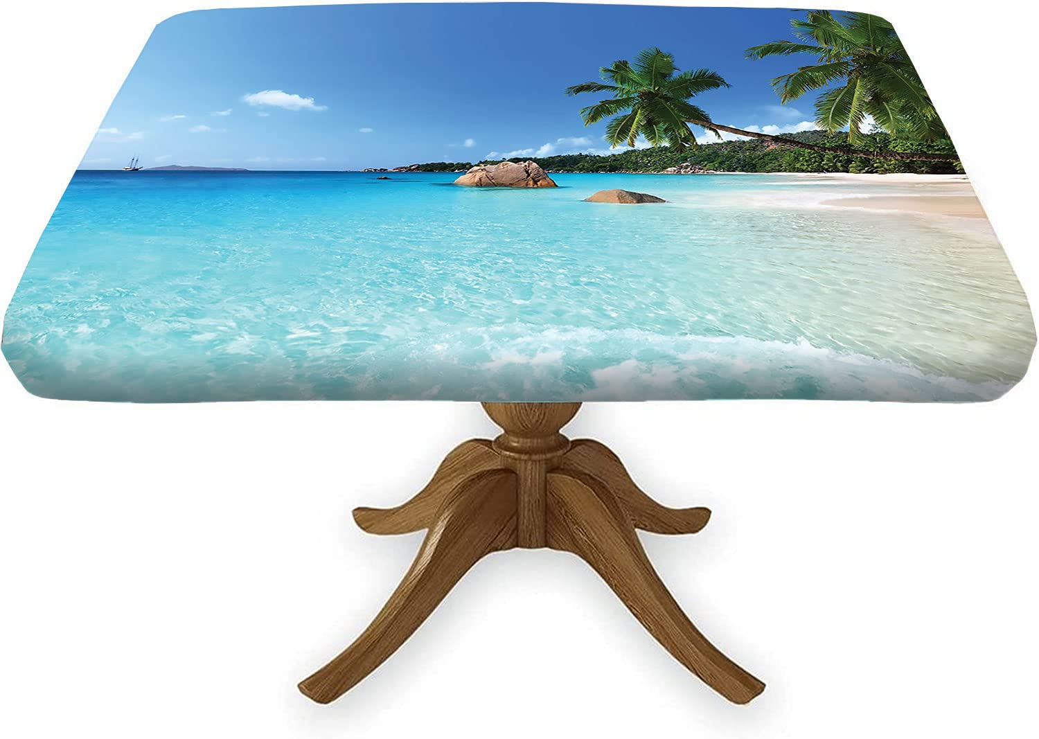 Ocean Fitted Square Tablecloth, Tropical Sea Wave Plam Trees Waterproof Wipe Clean Polyester Table Cover, Great for Outdoor Home Kitchen/Parties/