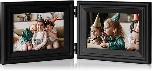 Marco de fotos plegable de 4 x 6 pulgadas con bisagras horizontales en madera de pino negro con vidrio real para mesa X2-HEI-2H46