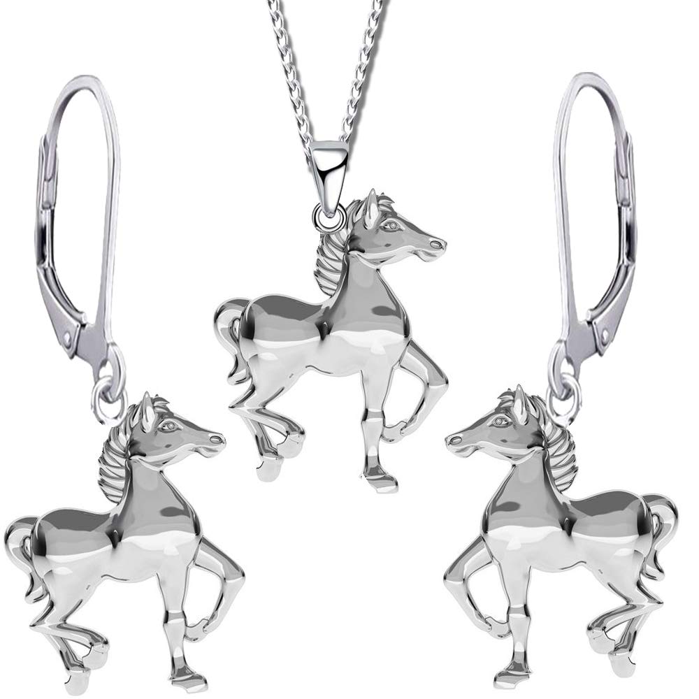 Kinder Mädchen Schmuckset 925 Sterling Silber Pferde Kette Ohrringe Set K499o+K500o 40cm