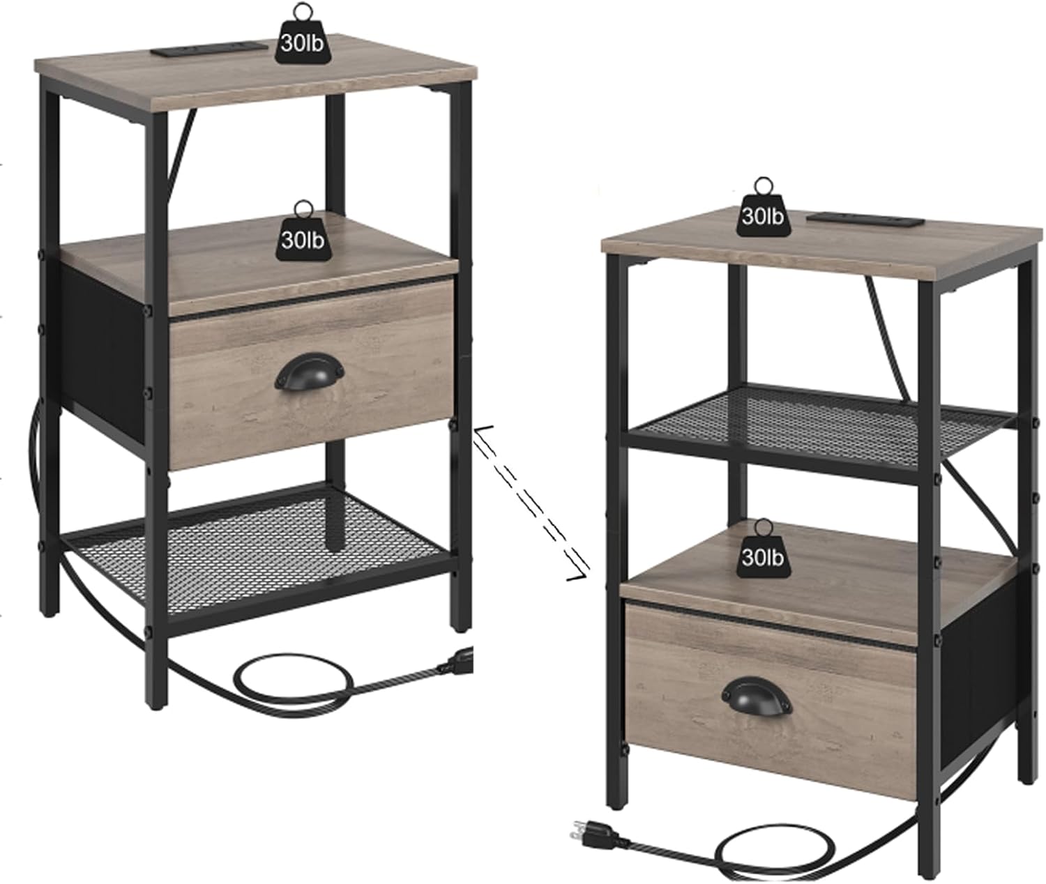 Nightstands Set of 2, Night Stands with Charging Station and Fabric Drawer, Grey Bedside Tables with Drawers, 2- Tier Side Table with Storage, Nightstands with Charging Station,Grey