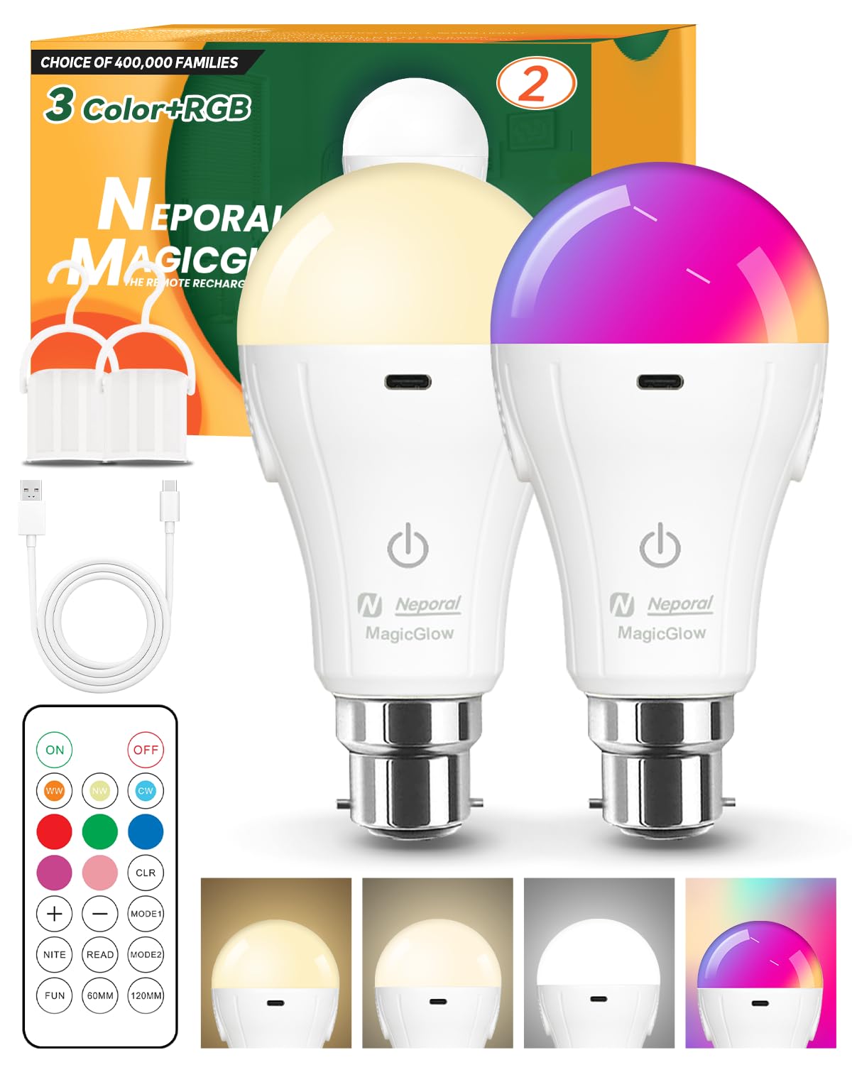 MagicGlow Rechargeable Light Bulbs with Remote, 9-Color Shift (B22 Bayonet Fitting, 2)