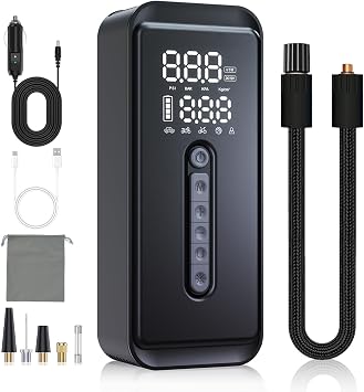 Yeaban Tire Inflator Portable Air Compressor-4X Faster 150 PSI -Rechargeable Battery & 12V DC Dual Power Supply, Smart Air Pump for Car Motorcycle Bicycle Ball with LED SOS Lighting Black