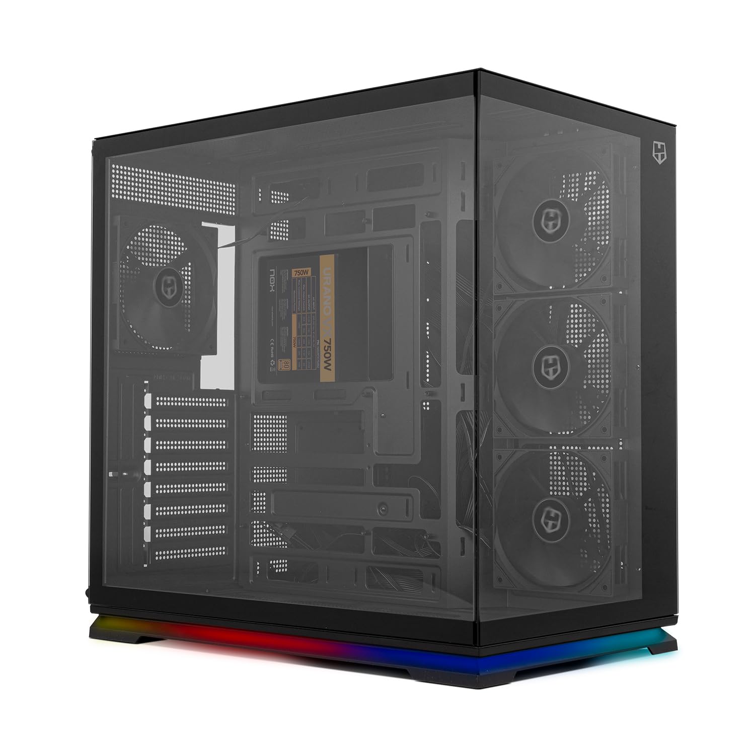 NOX XTREME PRODUCTS Hummer Galaxy - Obudowa PC, Bezramkowe Szkło Hartowane, 4 Wentylatory 120mm PWM, Miejsce na 10 Wentylatorów, USB-C i USB 3.0, Kontroler Hub ARGB, ATX/M-ATX/ITX, Czarny