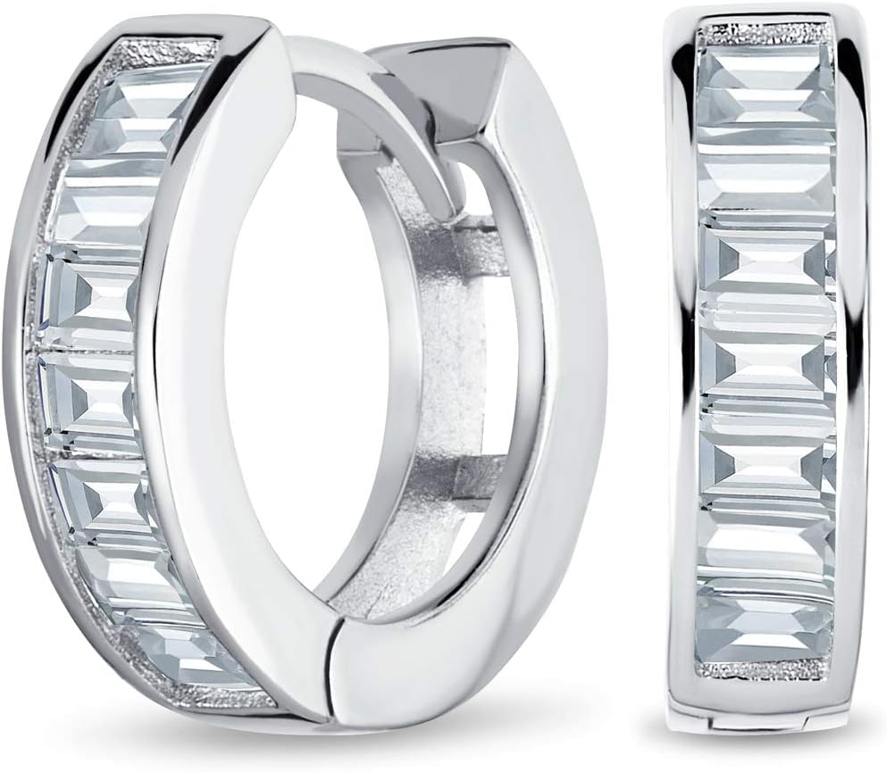 Pendientes de aro pequeños Huggie con circonitas cúbicas baguette, plata de ley, colores de piedra natal