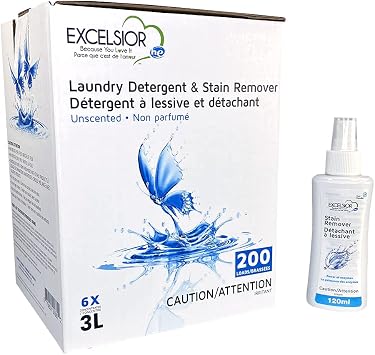 Excelsior HE Laundry Detergent Liquid Fragrance Free Concentrated 200 Loads 3 Liter With Natural Stain Remover, High Efficiency Washing Detergent Laundry Soap Bulk Works In All Washers Unscented