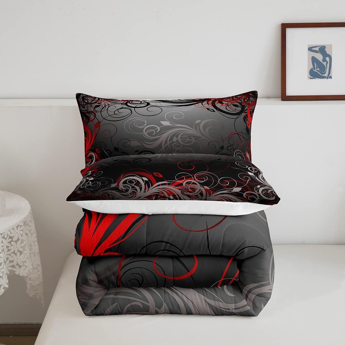 Homewish Gray Floral Swirls Comforter Set Queen Size,Gothic Leaf Bedding Set 3pcs for Kids Teens Adult Room Decor, Abstract Mystic Trippy Quilt Set Black Red Duvet Insert with 2 Pillowcases