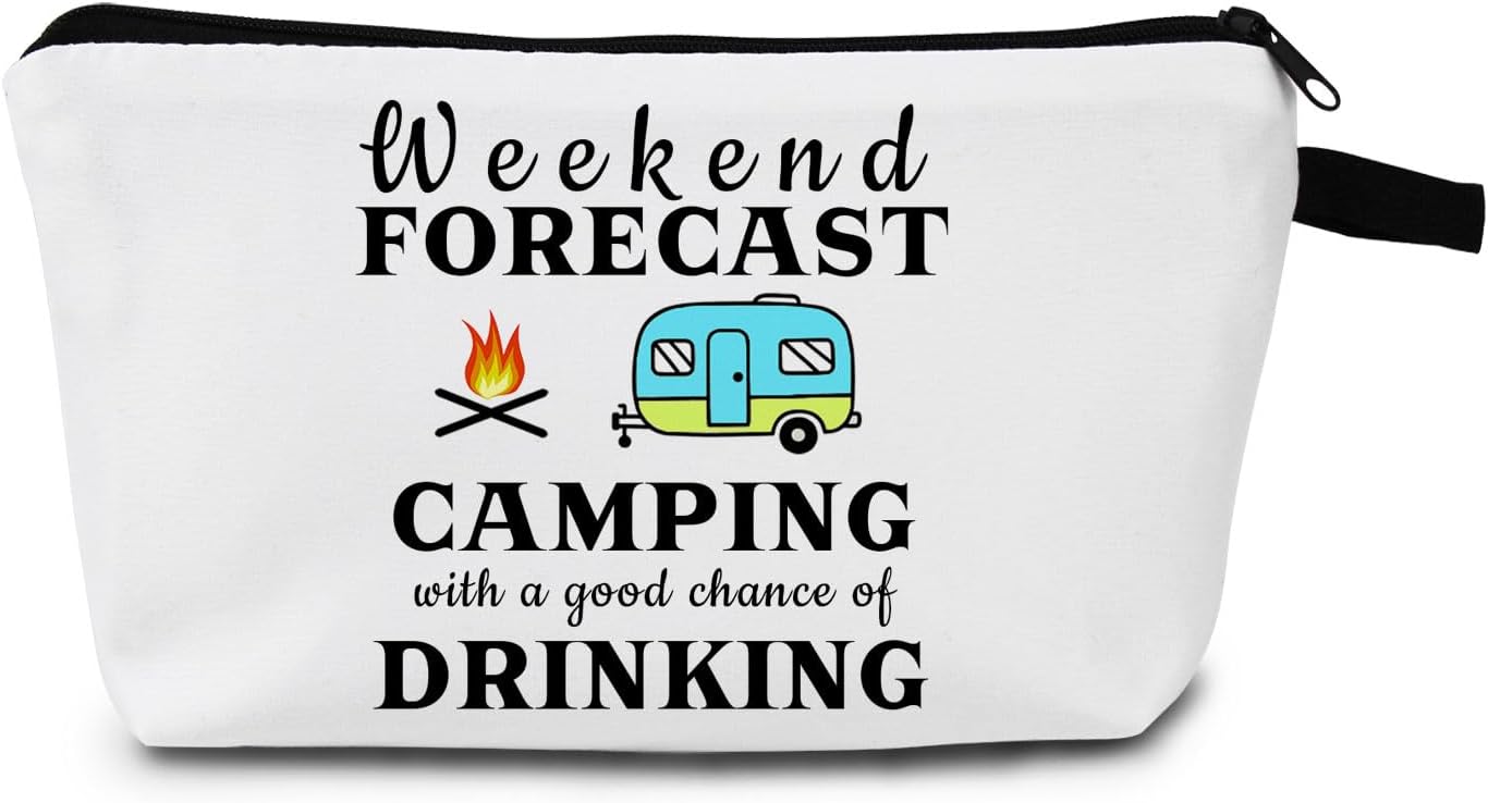 Campfire & RV Adventure Cosmetic Bag ‘Weekend Forecast Camping & Cheers’ Humor Art Print Design Travel Organizer for Outdoor Enthusiasts Unique Gift Idea for Camping Trips (White)