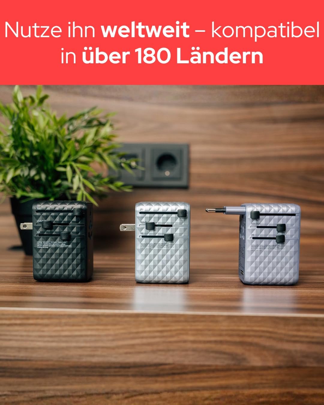 Verbatim GaN adapter podróżny 100 W, niebieski, adapter do gniazdka z wbudowanym kablem i 2 x USB-C, 2 x USB-A, 2 x złącze USA/JP, uniwersalna ładowarka do szybkiego ładowania laptopa, smartfona i