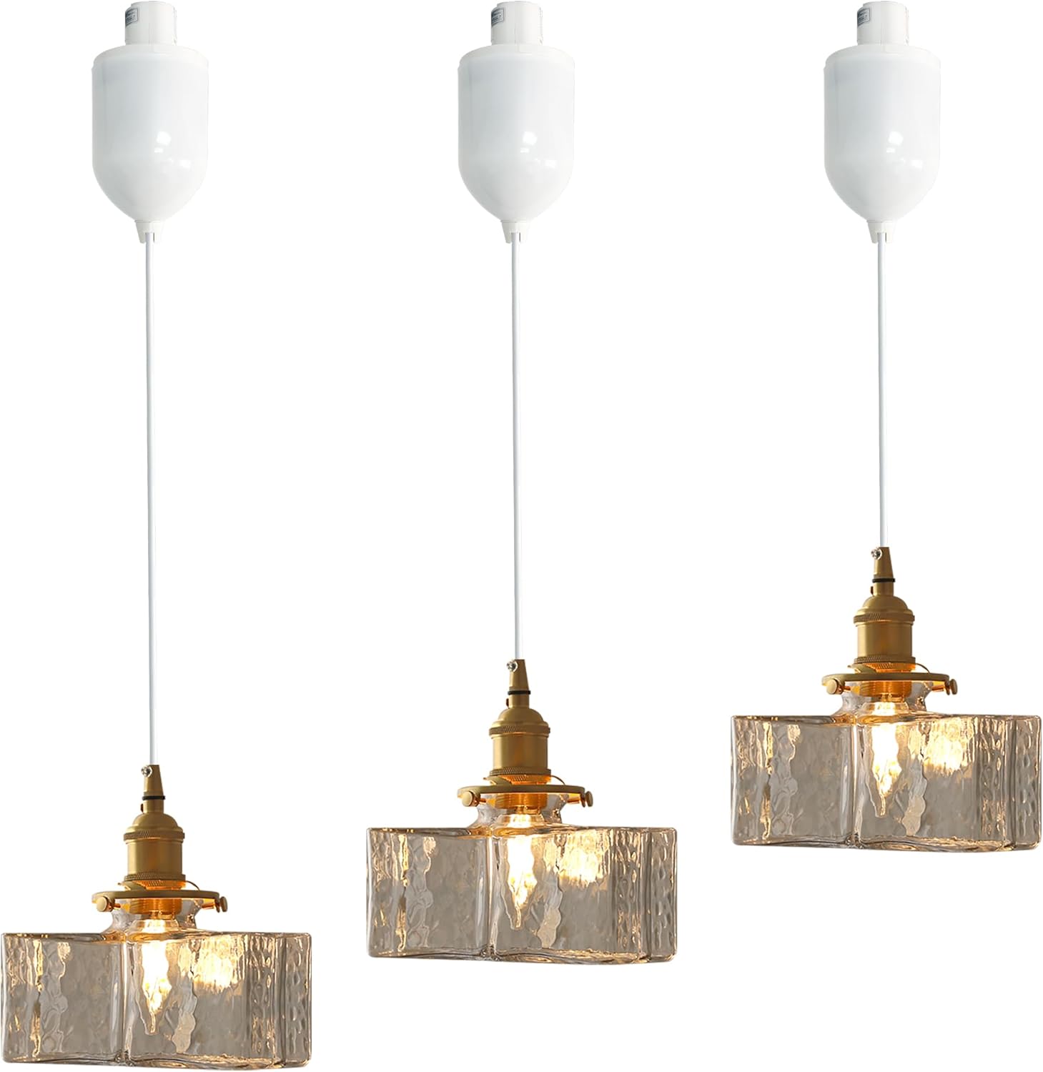 Mini Adjustable Cord Length Halo Track Lighting Pendants, 4 Ft Cord, H-Type Track Rectangular Clear Art Glass E26 Brass Socket Track Mount for Kitchen Island Sloped Vaulted Ceiling