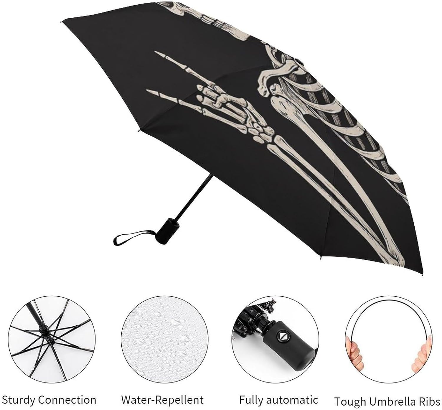 Skull Travel Umbrella Rock And Roll Skeleton Bone Windproof Compact Automatic Open/Close Folding Rain Umbrellas Sugar Candy Skull Day of Dead Collapsible Auto Portable Umbrella for Women Girls Kids
