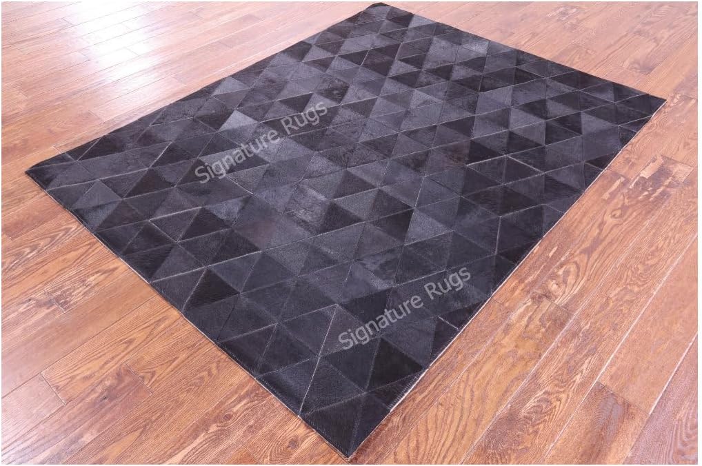 Handmade Cowhide Leather Area Rug, Geometric Triangle Patchwork, Black and White (Natural Black, 9x13 ft)