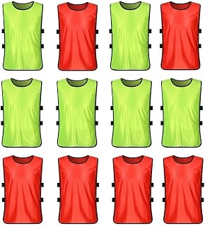 Juego de 12 Baberos de Entrenamiento de fútbol para niños, de Malla, sin Mangas, sin Mangas, para fútbol, Rugby, Equipo de Entrenamiento, Talla S, Color Verde Fluorescente y Rojo
