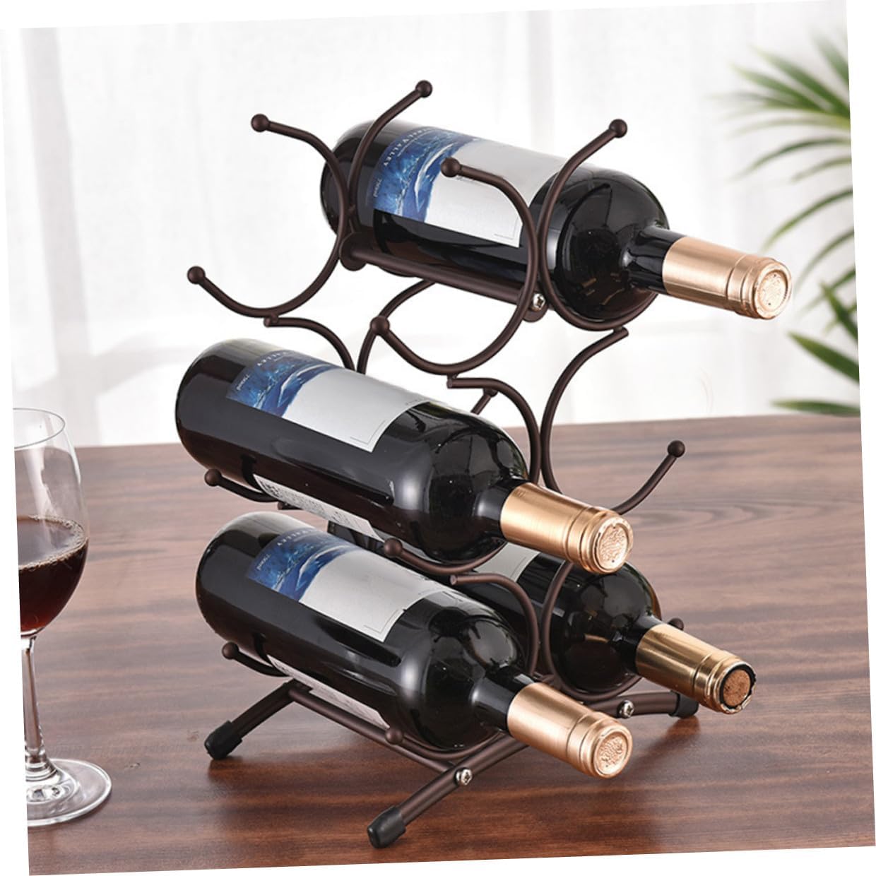 Toyvian Vintage Metal Wine Rack Six-Bottle Holder Removable Iron Wine Bottle Storage Stand for Home Dining Room Bar Countertop Display in Matte Antique Copper