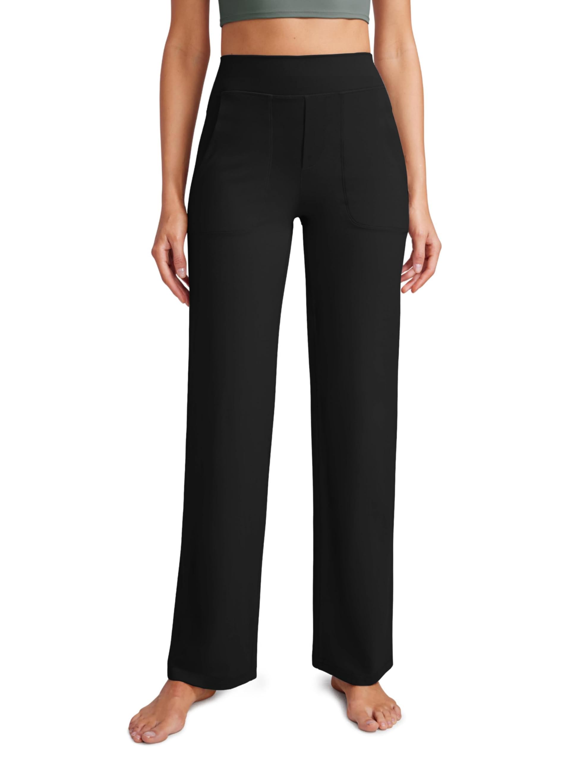 Timuspo Pantalon de yoga pour femme - Taille haute - Avec poches - Pantalon de jogging - Jambes larges - Confortable - Droit - Contrôle du ventre - Pantalon de sport - Pantalon de yoga