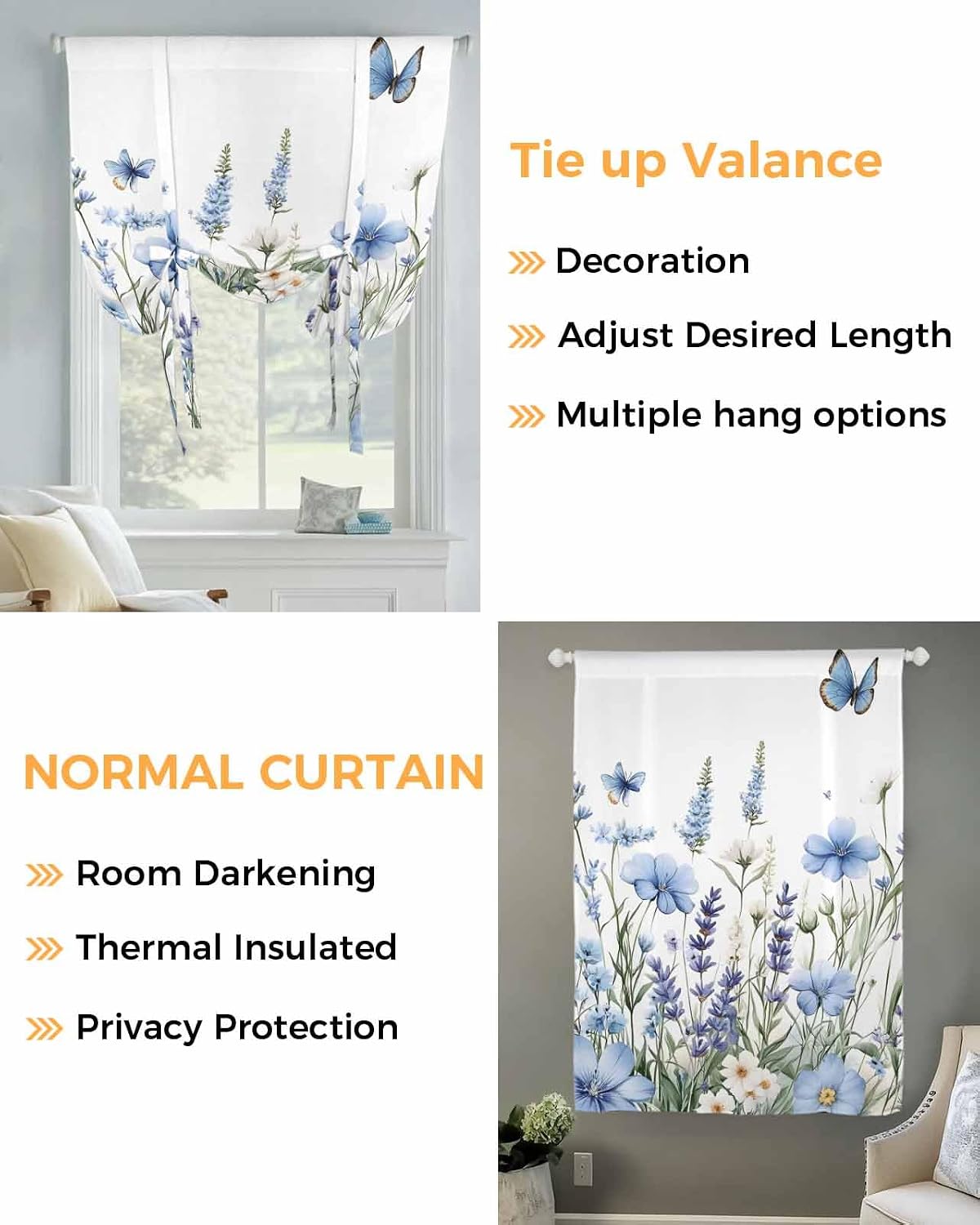 Tie Up Curtain for Windows Blue Flowers Butterfly Balloon Window Shades for Bedroom Bathroom Adjustable Rod Pocket Wildflowers Leaf Plant Window Treatments Curtains Valance for Kitchen 52" W x 63" L