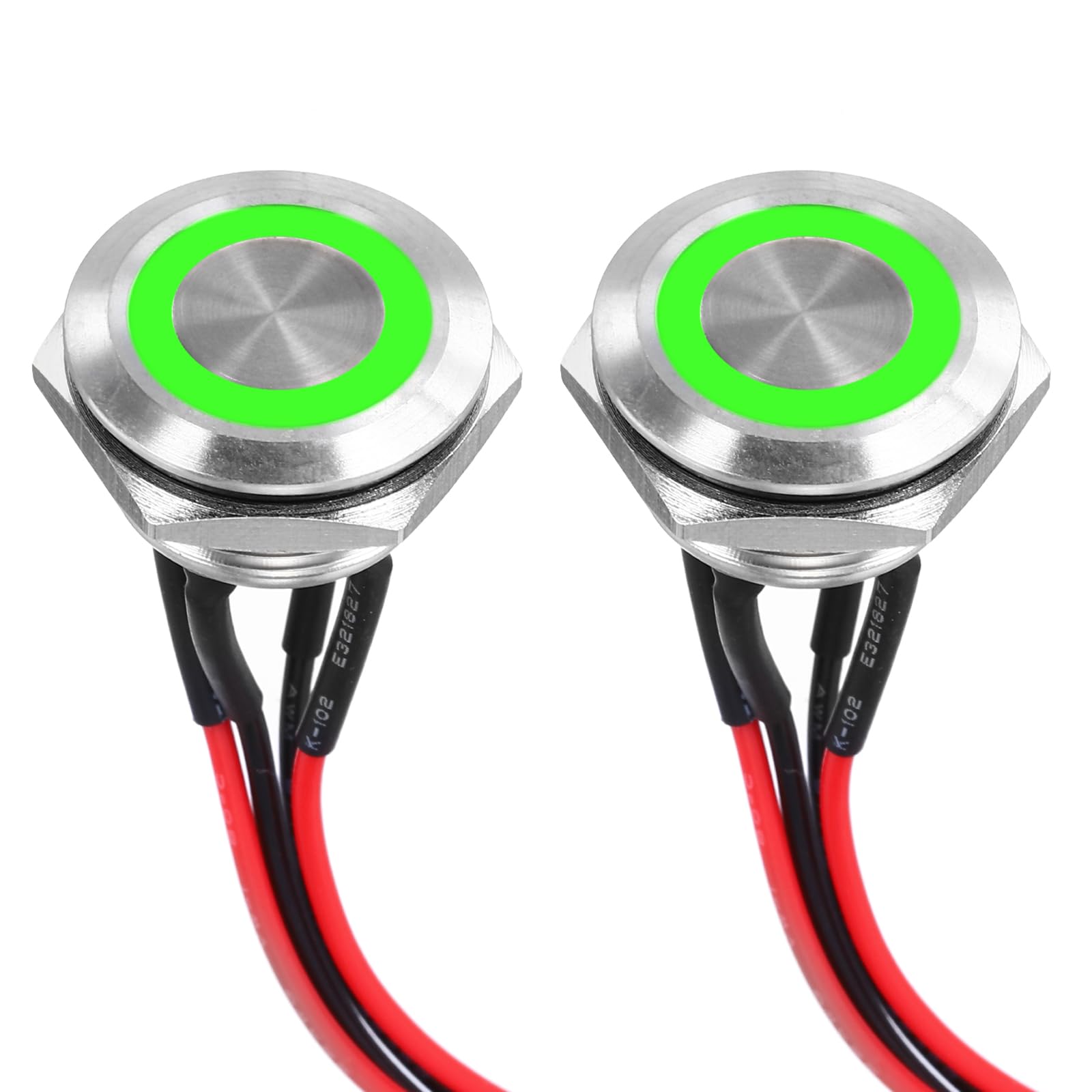 DMiotech 19mm / 3/4" Stainless Steel Momentary Push Button Switch Flat Head 3A 12-24V Silver Shell with Pre-soldered Green LED Ring Light 1NO, 2Pcs