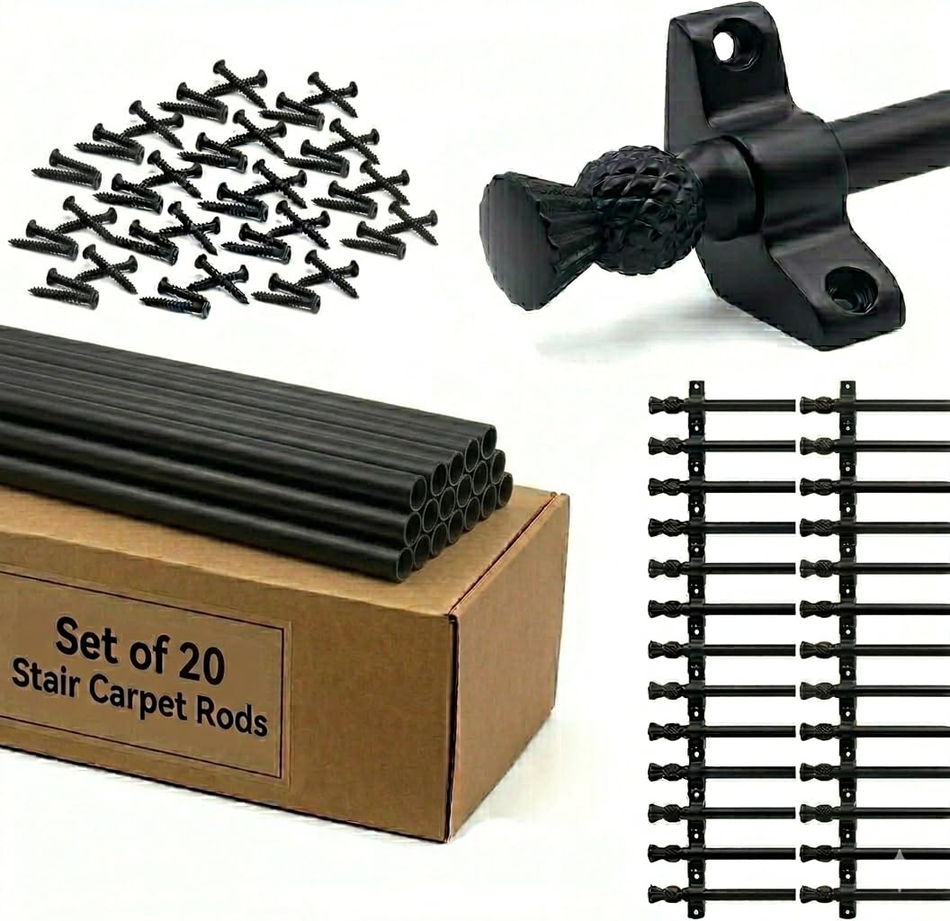 Set of 20 Stair Carpet Rods 70cm, Wrought Iron, Thistle Finials