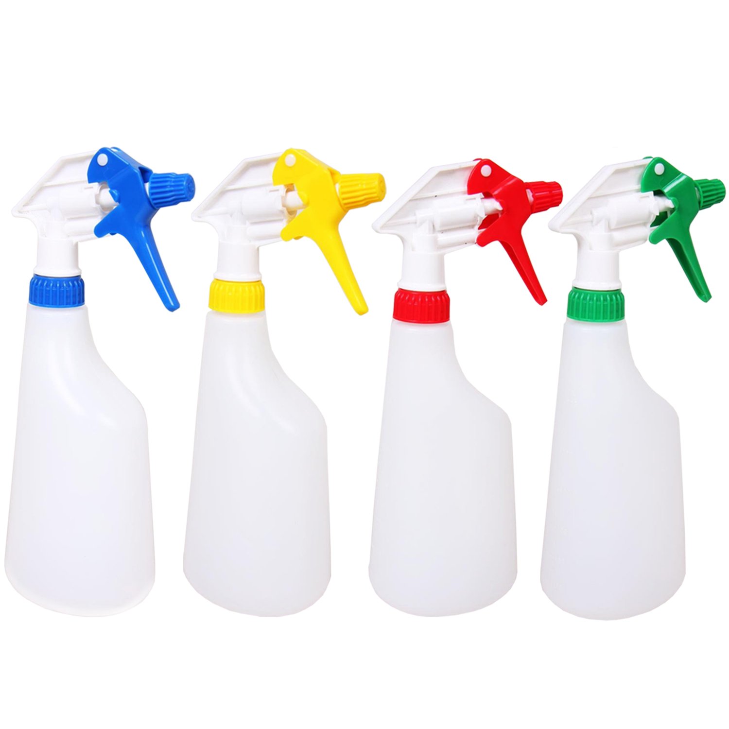 4 Überkopf-Sprühflasche mit verstellbarem Sprühkopf im Set | 600 ml | in Vier (rot, blau, gelb und grün) | inkl. Gratisprobe Glasrein