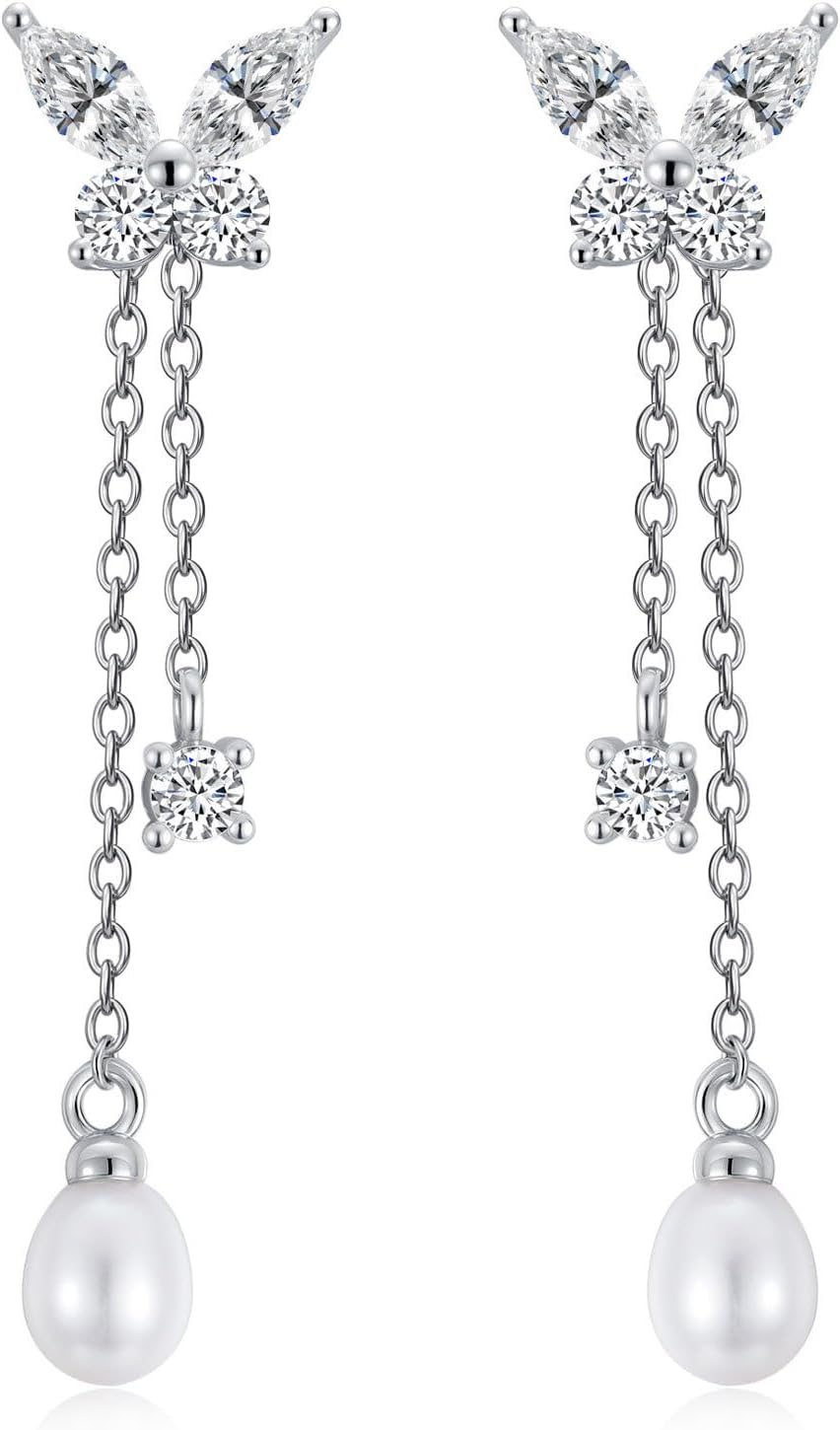 Real Pearl Drop Earrings for Women 925 Sterling Silver Trendy Long Threader Chain Dainty Butterfly Wedding Earrings Jewelry Gifts for Her