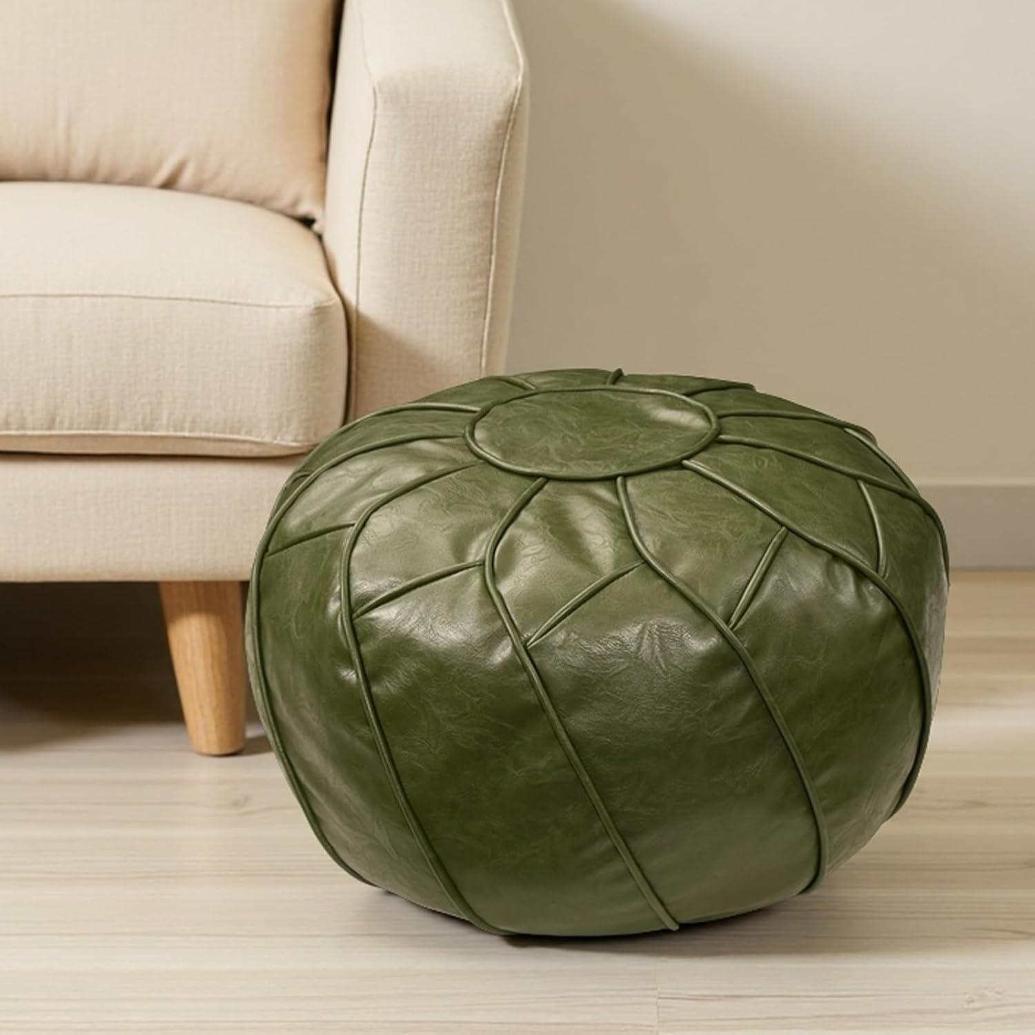 Louis Donné Unstuffed Pouf Cover, Round Foot Stool Ottoman for Foot Rest, Storage Bean Bag Floor Chair, Waterproof Faux Leather Pouffe, Footstool for Living Room, Kids Room or Bedroom (White) (Green)