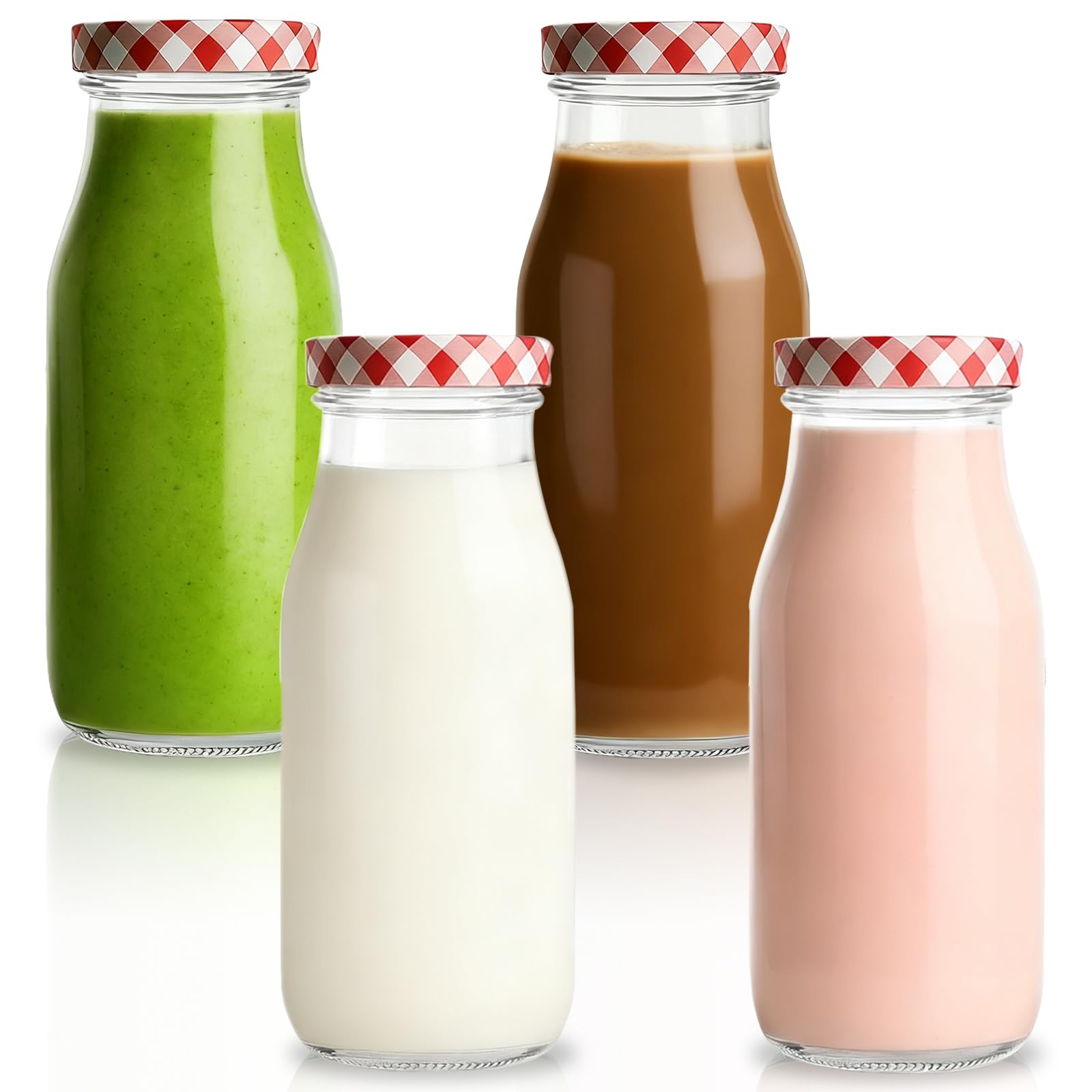 Meetoz Transparent 4Pcs 250Ml Glass Milk Bottles,With Pretty Gingham Lids Reusable Milk Bottle For Juices, Dressings, Sauces, Beverages, Decoration And Storage