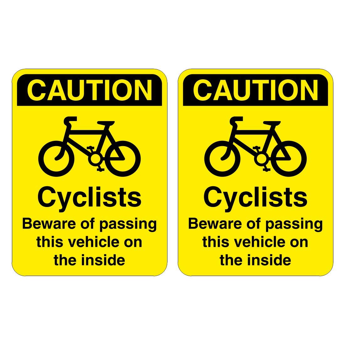 Pack of 2 Cyclists Beware of Passing This Vehicle on The Inside Signs. 150mm x 200mm Self Adhesive Stickers. Ideal for The Rear of Vehicles