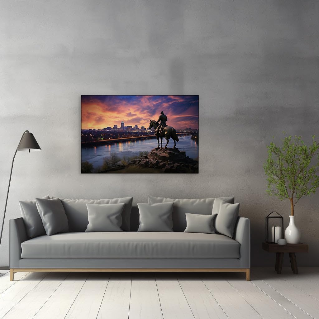 Canvas for Living room. Rider at Dusk: Capturing the Essence of Serenity amidst Urban Splendor, 27 x 18 inch Canvas Wall Art - Contemporary Masterpieces - Modern Home Decor