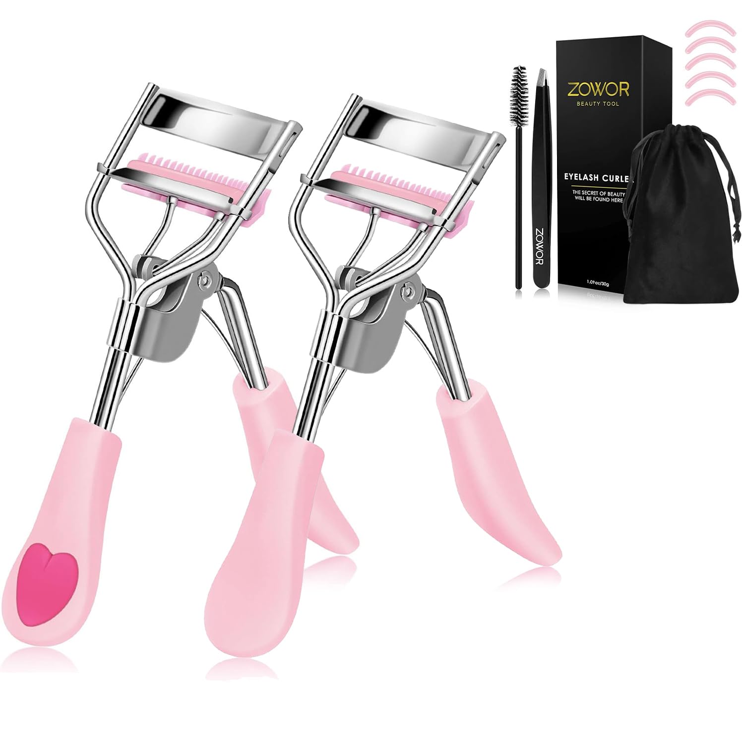 Double Eyelash Curlers with 5PCS Silicone Refill Pad Fit All Eye Shape Curved Eyelash Curler,Natural and Long Lasting Lash Curler for Women Make Up Gift（Pink）