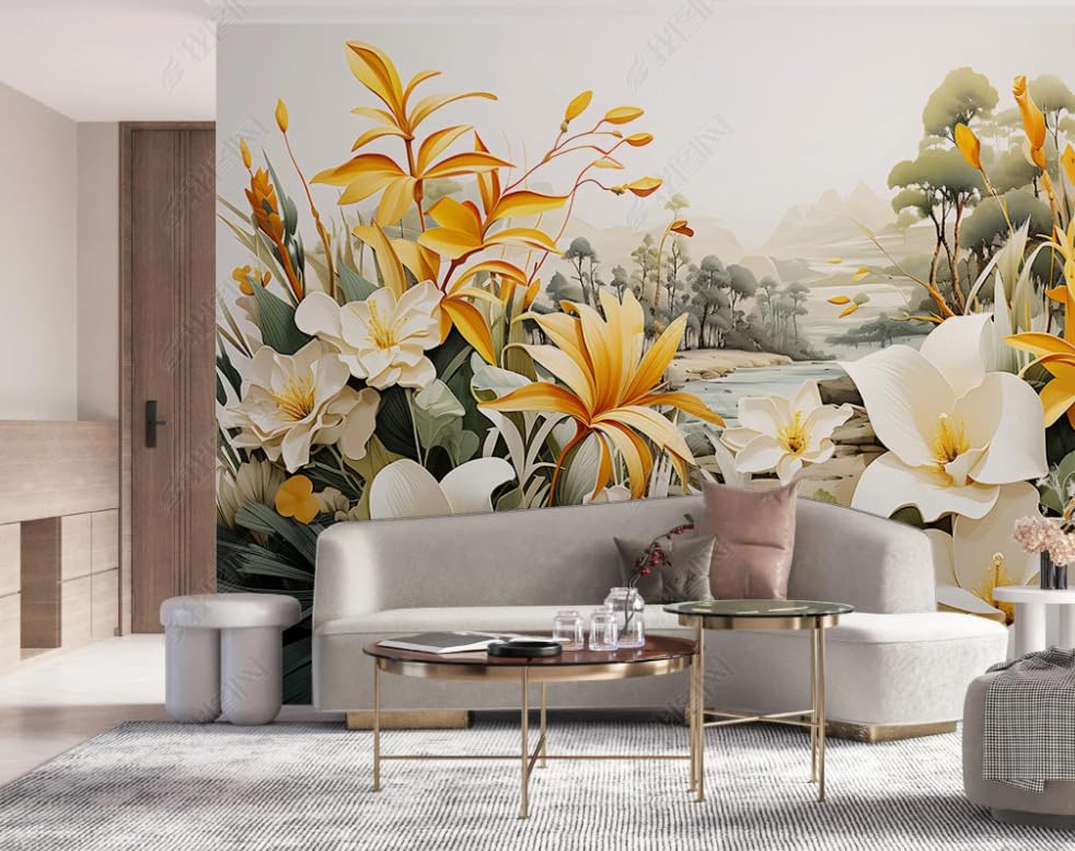 Papier peint intissé fleurs pour masquer les imperfections d'un mur de salon - 2