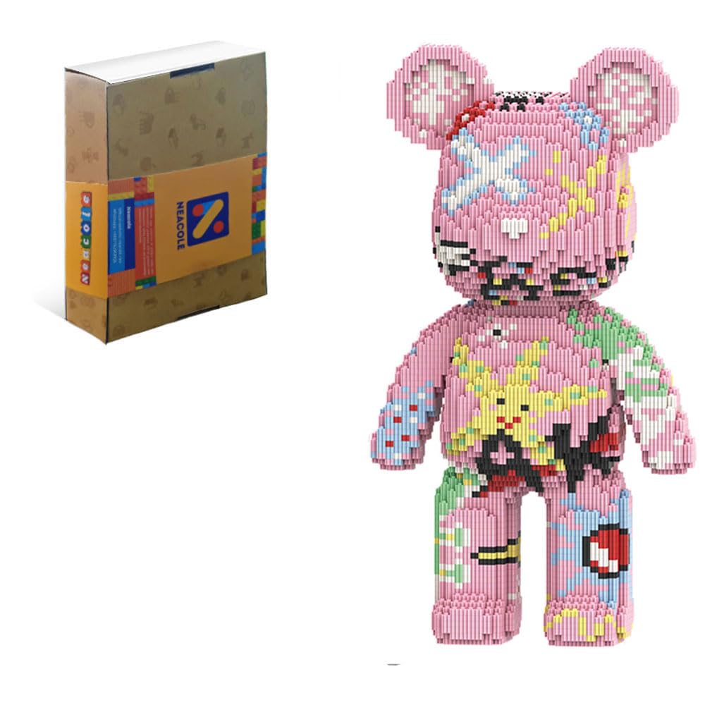 Neacole Bear Building Blocks (7220PCS) 43/46CM Bear Building Bricks, Micro 3D Animal Building Blocks for Adults & Kids,Home & Office Decor, Birthday & Valentine's Day Gifts (Graffiti Pink Bear)