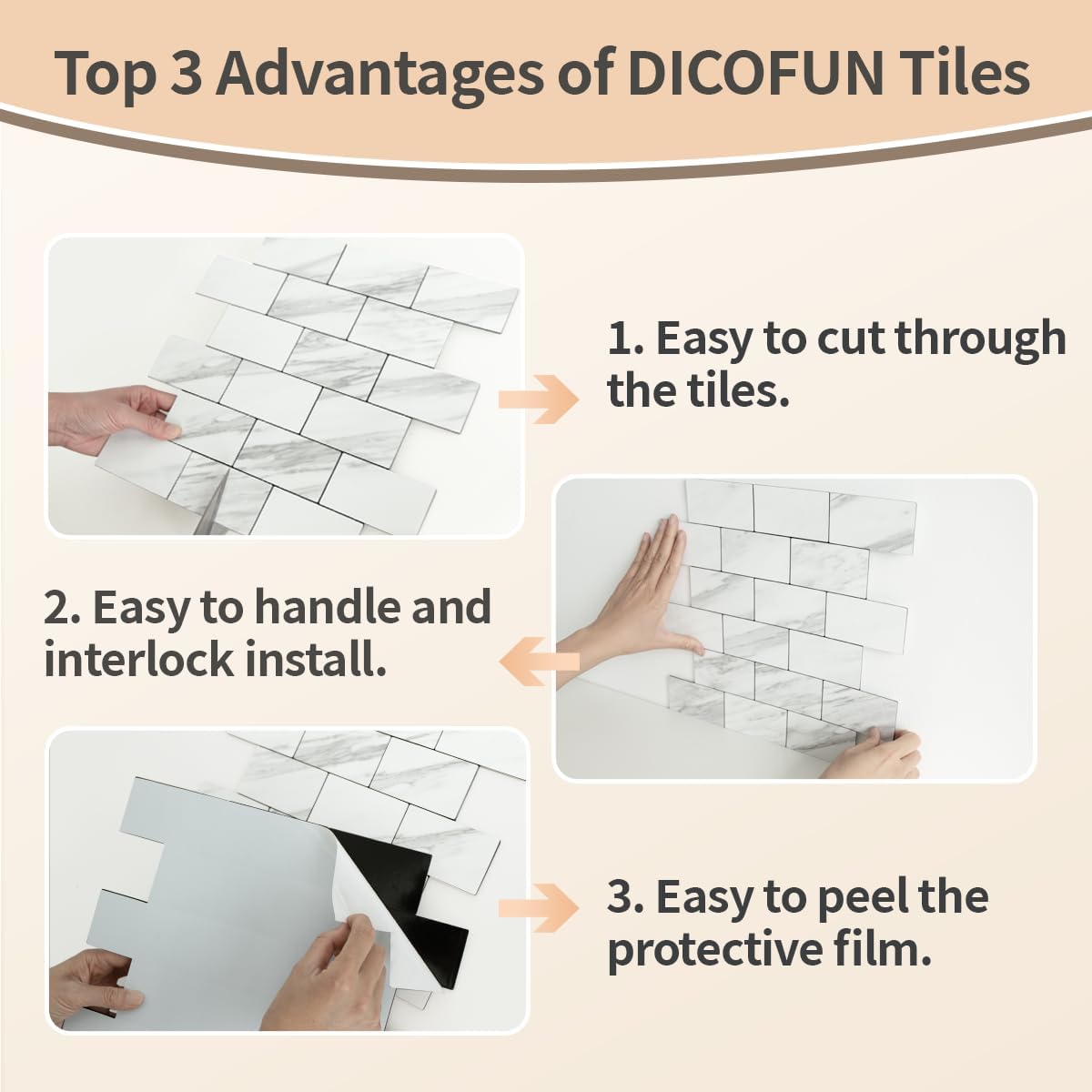 DICOFUN 10 Sheets White Stone Look Peel and Stick Backsplash Wall Tile, 12"x12" Thick PVC Subway Tile Backsplash for Kitchen and Bathroom