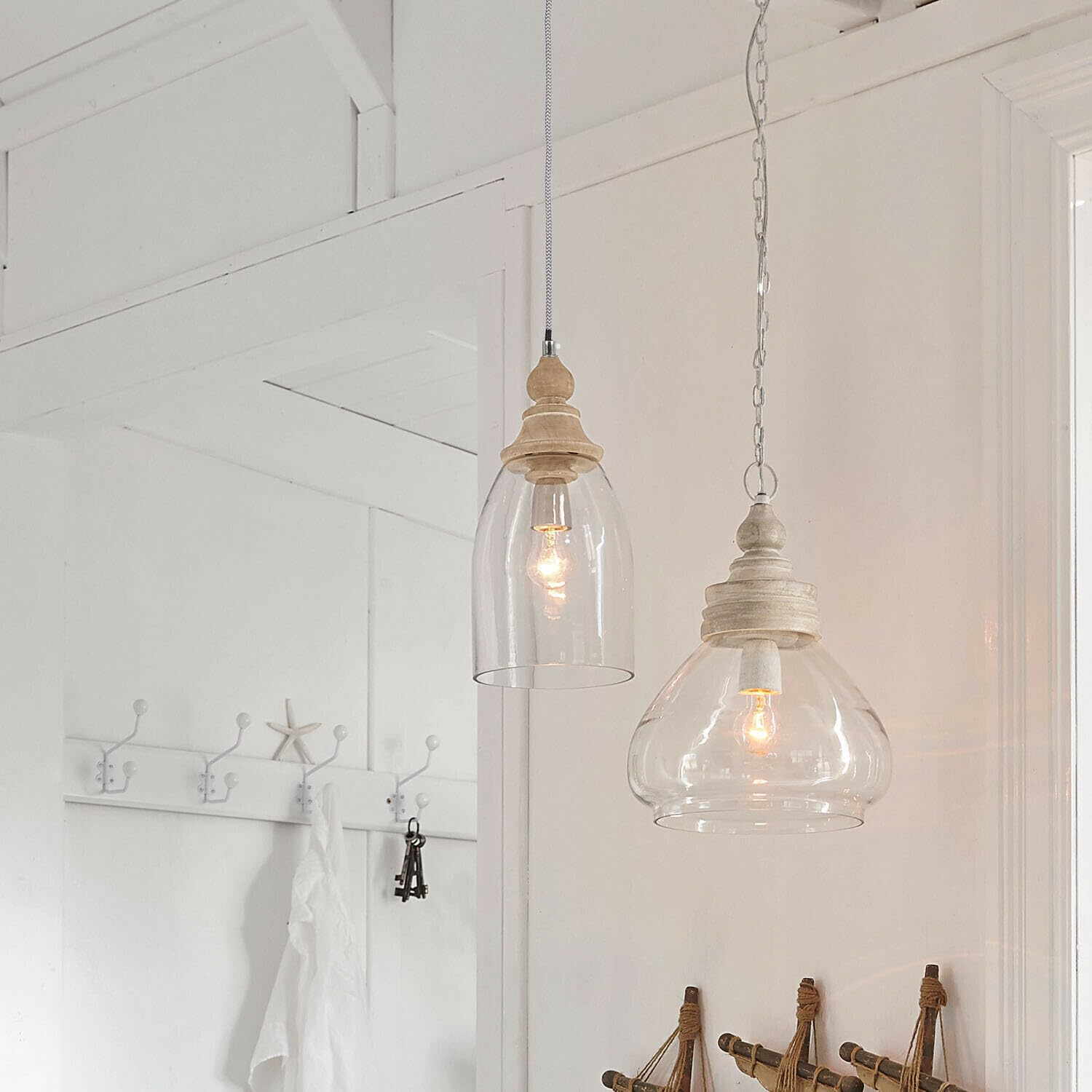 LOBERON Raina Suspension - Abat-jour en verre transparent résistant - Élément ouvragé en bois finition ancienne, transparent