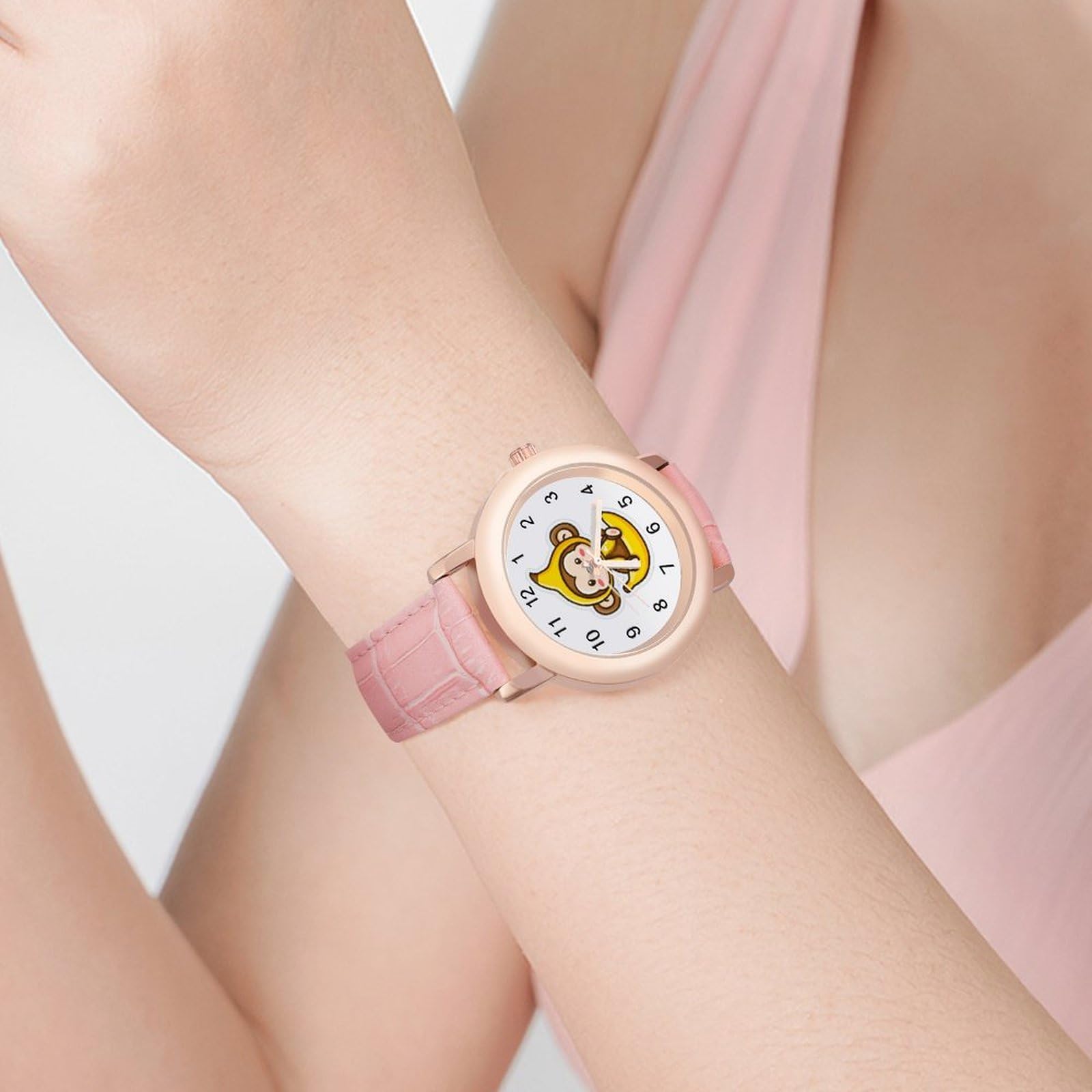 Banana Monkey Damen-Armbanduhr, leicht zu lesen, flexibel, mit drei Zeigern, rundes Gehäuse, Quarzuhr für kleine Handgelenke