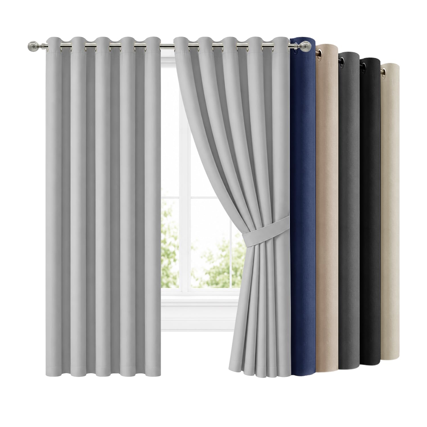Hafaa Blackout Curtains for Bedroom Light Grey 66x90 Inch Ring Top Black Out Curtains for Living Room Thermal Insulated Energy Savig Curtain and Drapes 2 Panels with Tiebacks