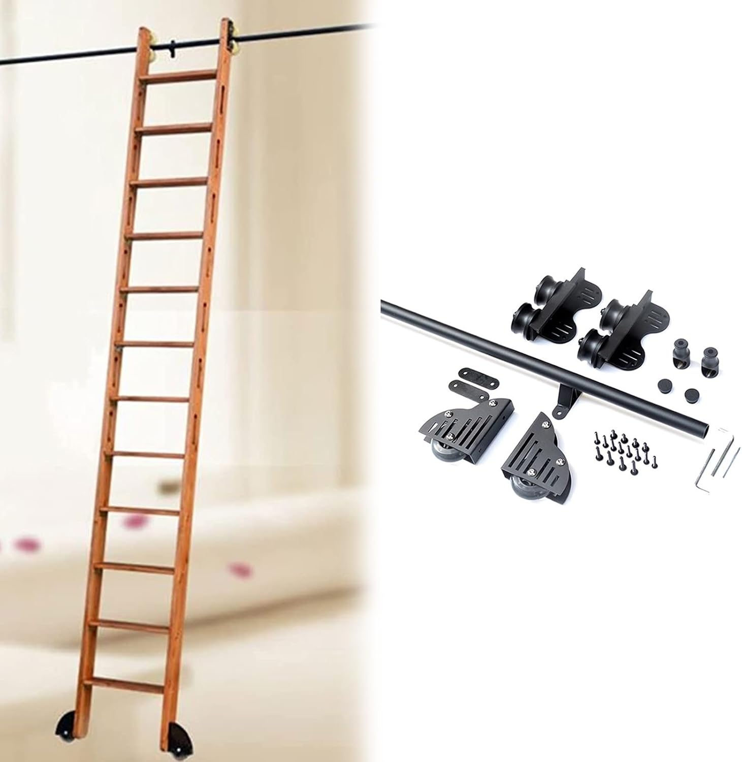 Black Round Tube Mobile Ladder Track Kit with Floor Roller Wheels, Rolling Library Ladder Sliding Hardware Set for Home, Office, or Barn (3.3ft/100cm Track Kit)