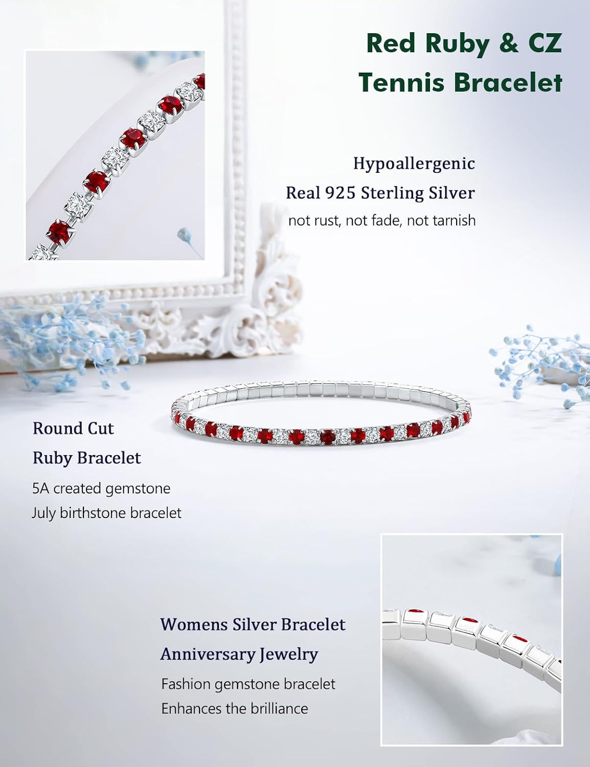 Cubic Zirconia Tennis Bracelet for Women Sterling Silver 3mm Round Created Ruby/Sapphire/Emerald Gemstone Birthstone Stretchy Bracelets Stack, 7.25-8 Inch - Image 5
