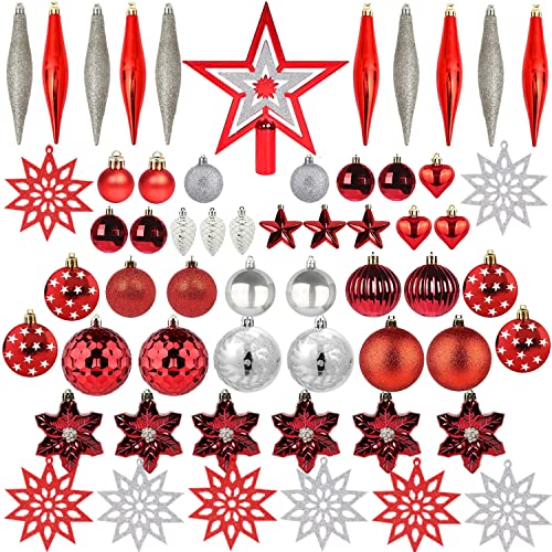 ZYDNANYANG Juego de 58 bolas de Navidad irrompibles pintadas para decoración de árbol de Navidad para vacaciones, bodas, decoración de Navidad (plata roja) Cover
