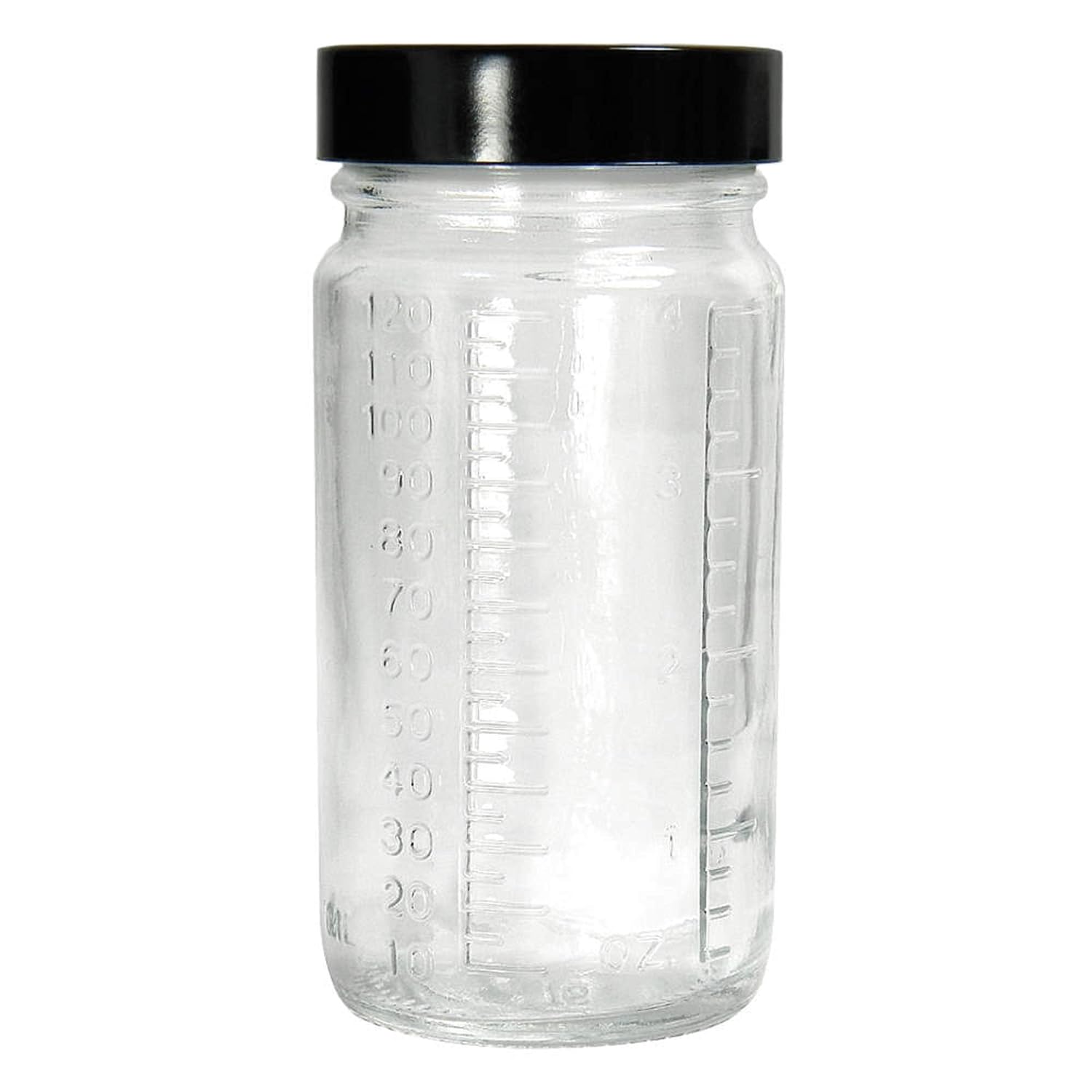 Qorpak GLC-01569 Graduated Medium Round Bottle with 70-400 Black Phenolic Solid Polyethylene Lined Cap, 16 oz, Clear (Pack of 48)