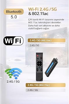 Android 14 Mini TV Stick, 4K/8K Ultra HD, Wi-Fi 6 ve Bluetooth 5.0, Chromecast Dahili, Google Asistan Sesli Kumanda