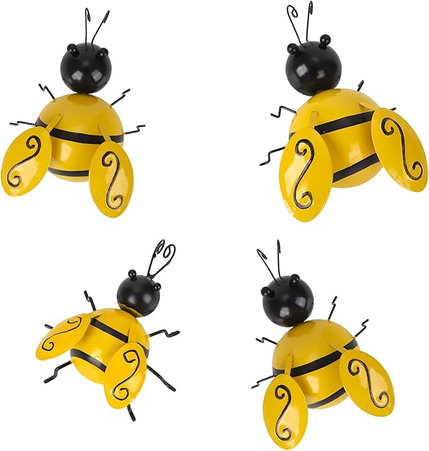 Gukasxi 4 Pieces Metal Bumble Bee Garden Ornament Metal Wall Decor Garden Bee 3D Sculpture, Hanging Ornaments for Indoor Outdoor Garden Yard Walls Fences