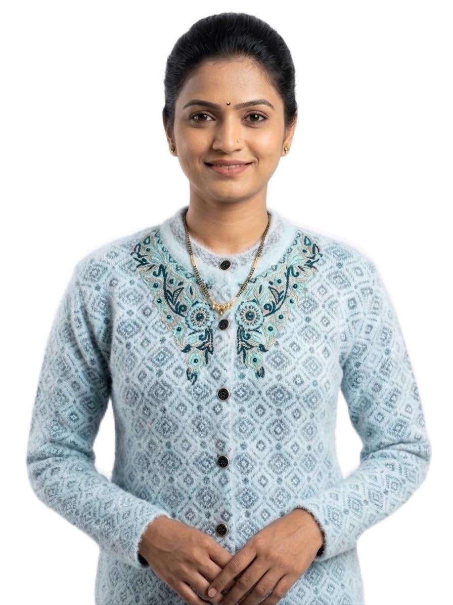 Women's Light Blue Embroidered Woollen Cardigan Sweater-image-5