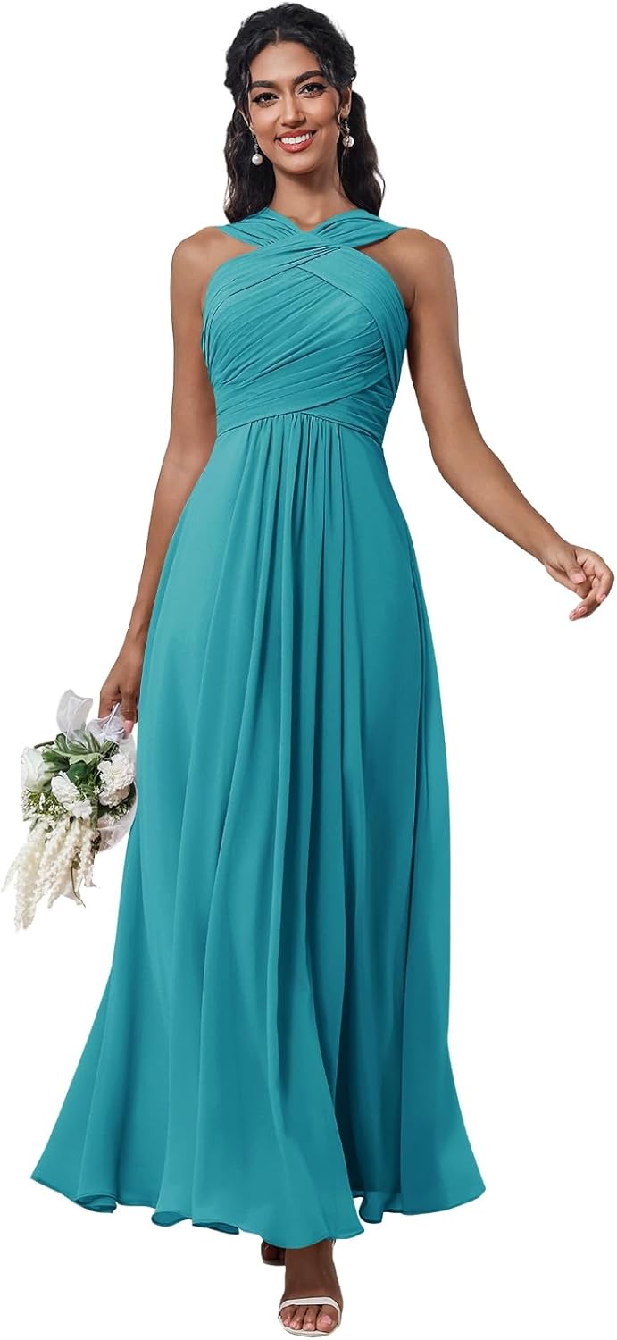 Bridesmaid Dresses Halter Ruched Chiffon Winter Empire Waist Wedding Guest Dress A line Midi Formal Evening Gowns