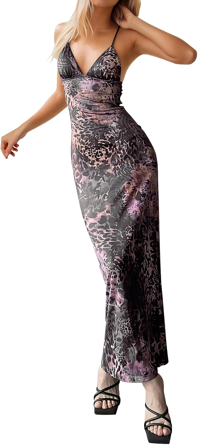 Womens Sexy Maxi Dress Halter Top Backless Floral Print Bodycon Long Dresses Elegant Slim Fit Party Night Cocktail Outfits - Image 6