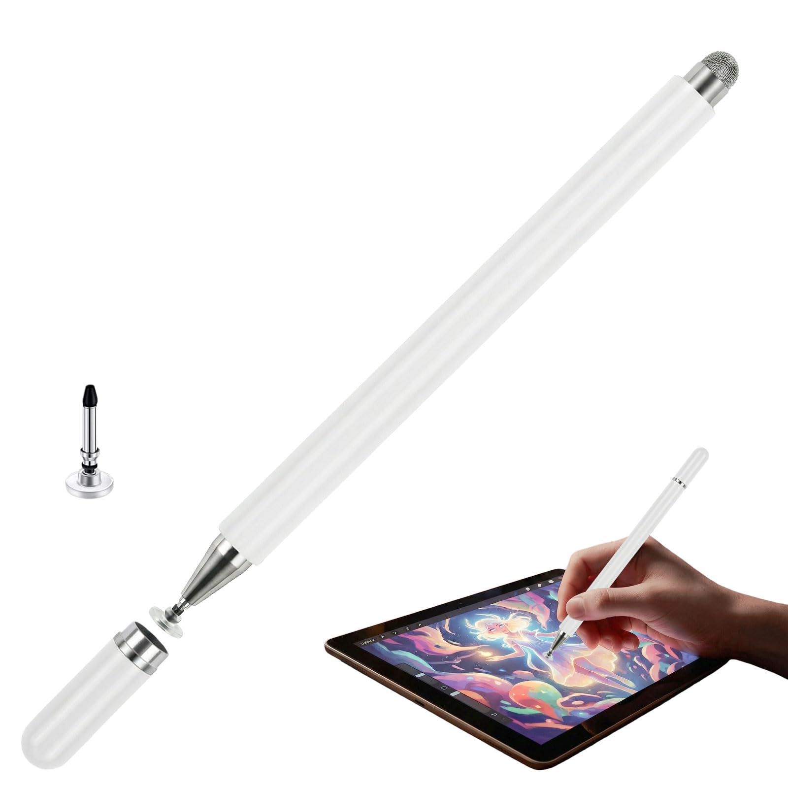 Stylus Pens for Touch Screens, 2 in 1 Magnetic Disc & Fiber Tip Stylus Pen for iPad with Magnetic Cap, Compatible with All Touch Screens - Free Replacement Disc Tips, White