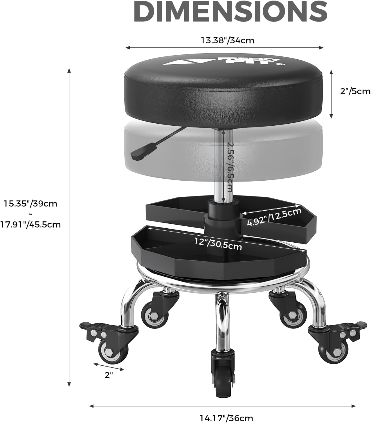Rolling Shop Stool with Wheels,Mechanics Garage Work Stool,Black